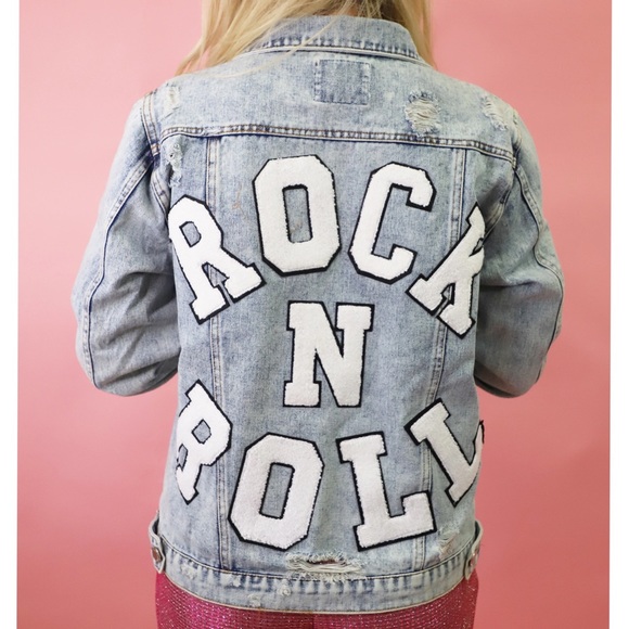. Judith March Rock N Roll Navy Distressed Patch Varsity Denim Jacket - Picture 3 of 9
